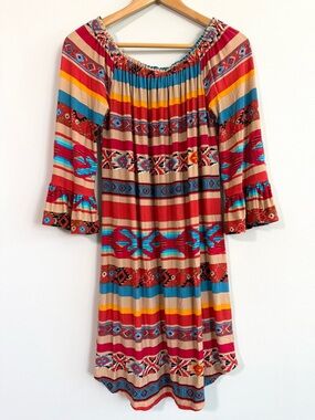 Scully Aztec Southwestern Design On/Off-Shoulder Stretch Comfort Dress Size M